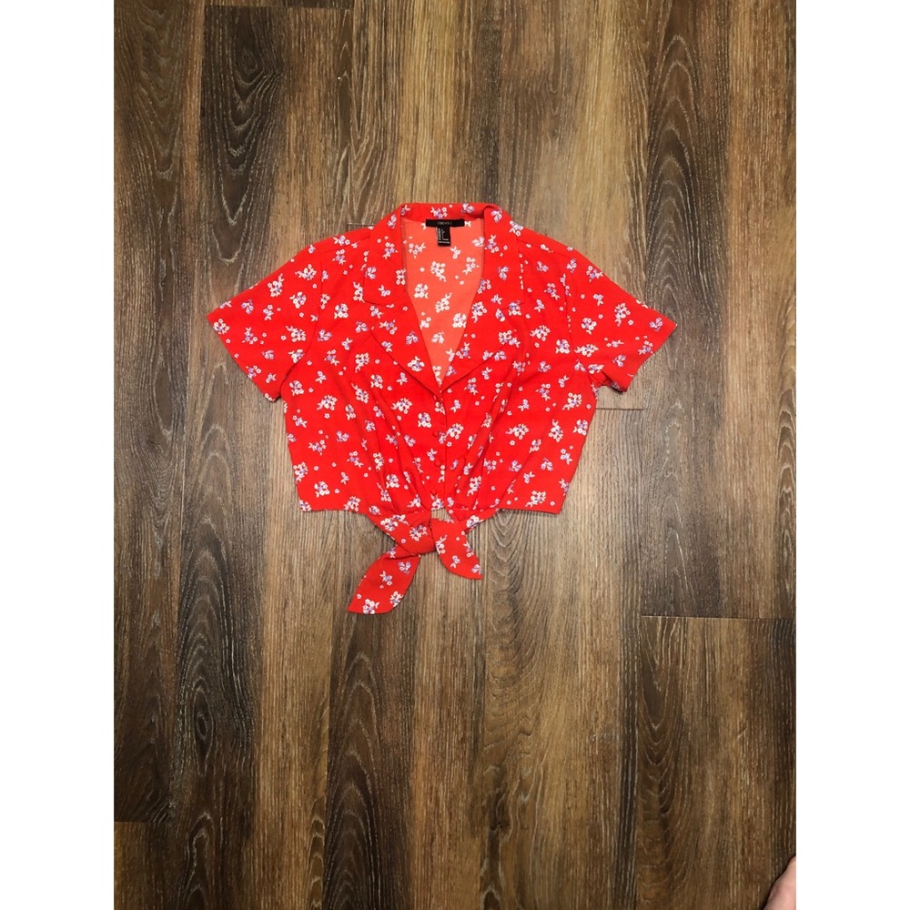 💜Floral cropped button up blouse